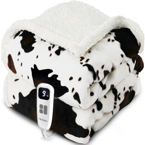 blunique Cow Print Heated Throw Blanket Electric Blanket-Heating Blanket Throw with 10 Heat Levels & 10 Hours Auto Off, Cozy Soft Fleece Sherpa, Washable, 50 x 60 Inches Cow Print White - Image 1