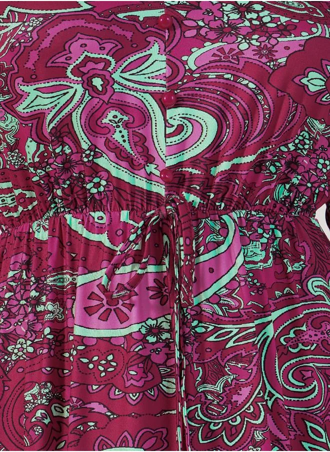Styli Paisley Print Bell Sleeves A-Line Maxi Dress