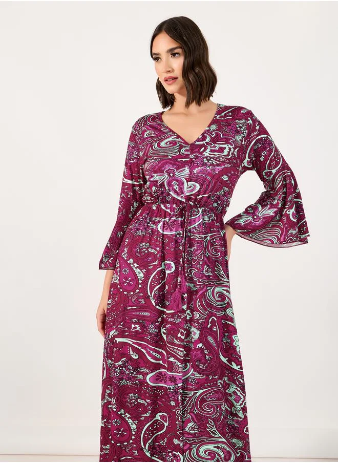 Styli Paisley Print Bell Sleeves A-Line Maxi Dress