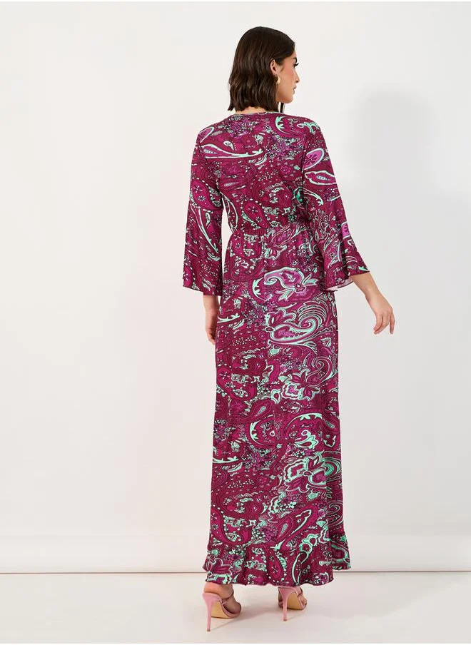 Styli Paisley Print Bell Sleeves A-Line Maxi Dress