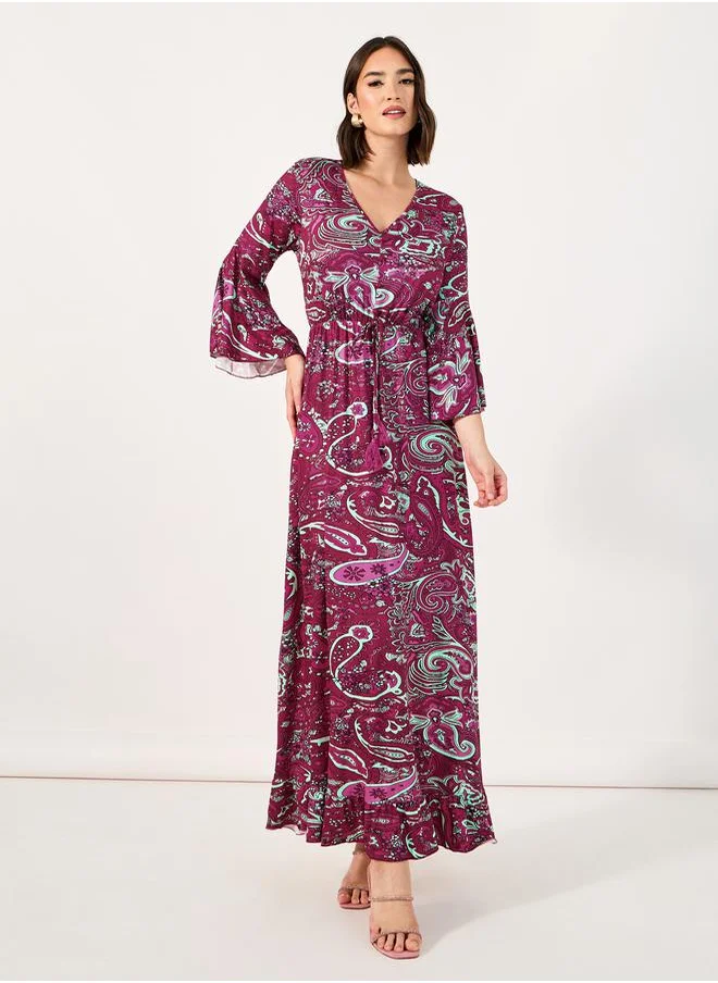 Styli Paisley Print Bell Sleeves A-Line Maxi Dress