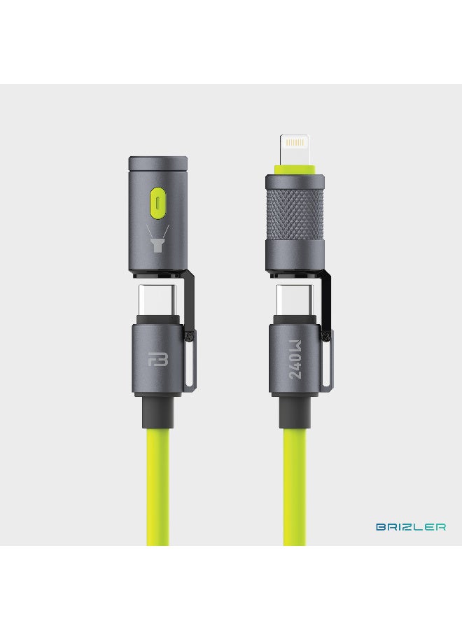 بريزلر كابل شحن فائق السرعة ELF 3 في 1 بطول 1.5 متر - قدرة 240 واط (Type-C إلى Type-C) و27 واط (Lightning) - رأس مزود بمصباح يدوي مدمج - سرعة نقل بيانات 480 ميجابت في الثانية - هيكل مضفر مع أطراف من سبيكة الزنك - اللون: أخضر - Image 1