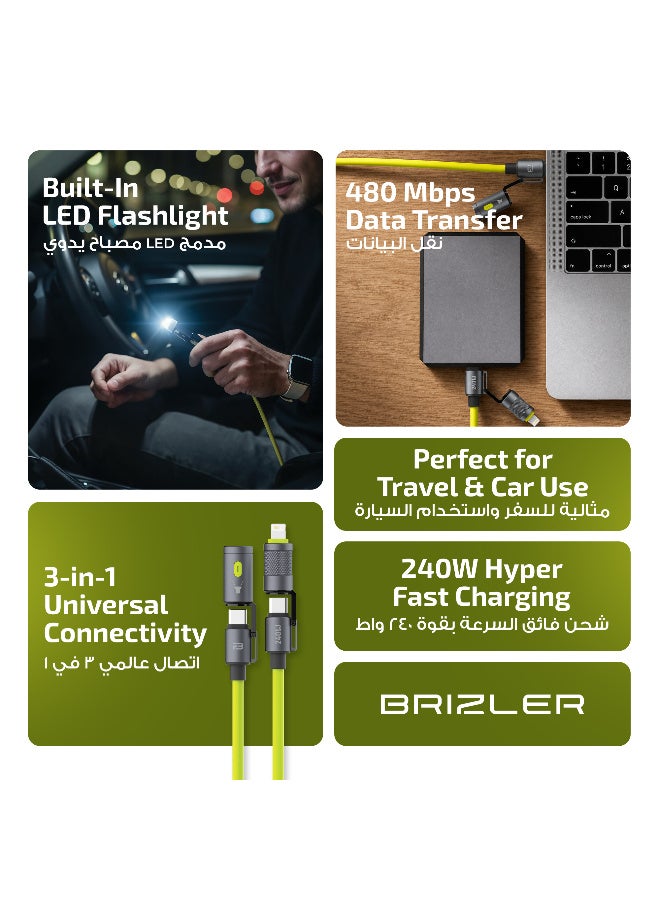 بريزلر كابل شحن فائق السرعة ELF 3 في 1 بطول 1.5 متر - قدرة 240 واط (Type-C إلى Type-C) و27 واط (Lightning) - رأس مزود بمصباح يدوي مدمج - سرعة نقل بيانات 480 ميجابت في الثانية - هيكل مضفر مع أطراف من سبيكة الزنك - اللون: أخضر - Image 2