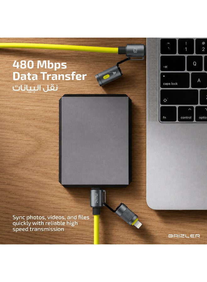 بريزلر كابل شحن فائق السرعة ELF 3 في 1 بطول 1.5 متر - قدرة 240 واط (Type-C إلى Type-C) و27 واط (Lightning) - رأس مزود بمصباح يدوي مدمج - سرعة نقل بيانات 480 ميجابت في الثانية - هيكل مضفر مع أطراف من سبيكة الزنك - اللون: أخضر - Image 3