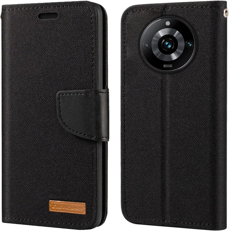 حافظة كليك كيس من سلسلة كانفاس لهاتف ريال مي نارزو 60 5G - حافظة جلدية وقماشية قابلة للطي مع قاعدة مائلة وإغلاق مغناطيسي (أسود)