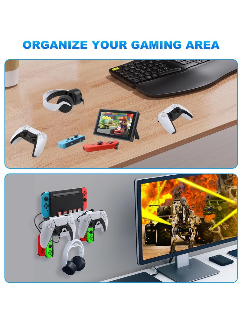KASTWAVE Wall Mount for Nintendo Switch and Switch OLED, Metal Wall Mount Kit Switch Stand Accessories with Dual Controller Holder Headphone Hanger 2-in-1 Charge Cable 5 Game Card Slots 4 Joy-Con Hooks - Image 5