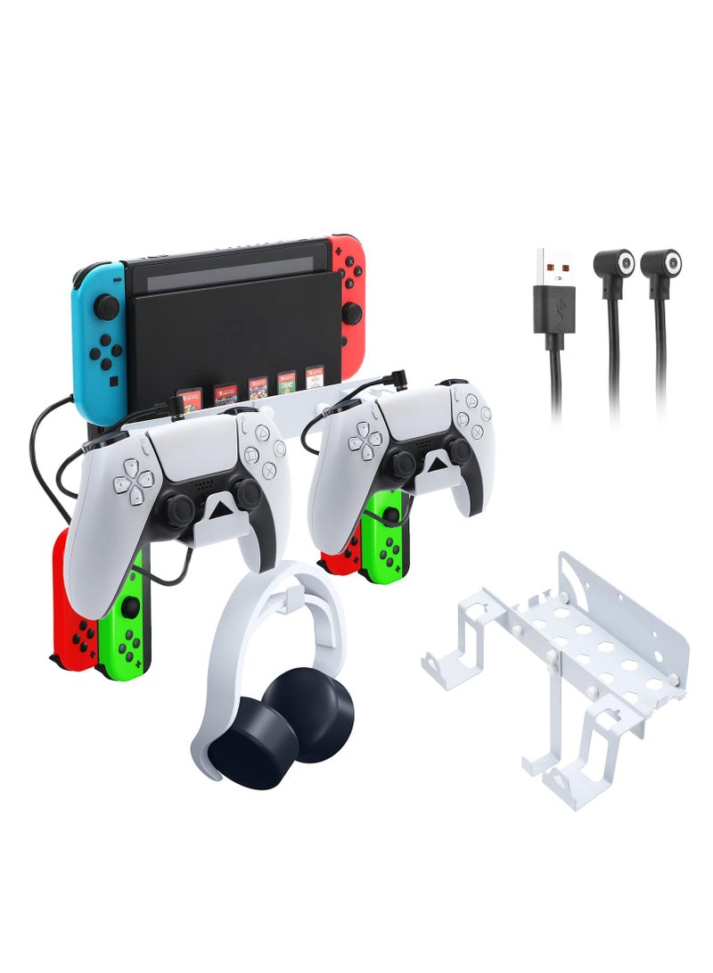 KASTWAVE Wall Mount for Nintendo Switch and Switch OLED, Metal Wall Mount Kit Switch Stand Accessories with Dual Controller Holder Headphone Hanger 2-in-1 Charge Cable 5 Game Card Slots 4 Joy-Con Hooks - Image 1