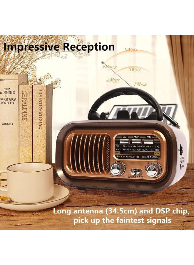 بيلينجدون راديو صغير رجعي عتيق مزود بتقنية Bluetooth، راديو محمول AM FM ترانزستور بأفضل صوت، راديو يعمل بالطاقة الشمسية/البطارية/قابل لإعادة الشحن، TWS، يدعم تشغيل بطاقة TF/USB - Image 4