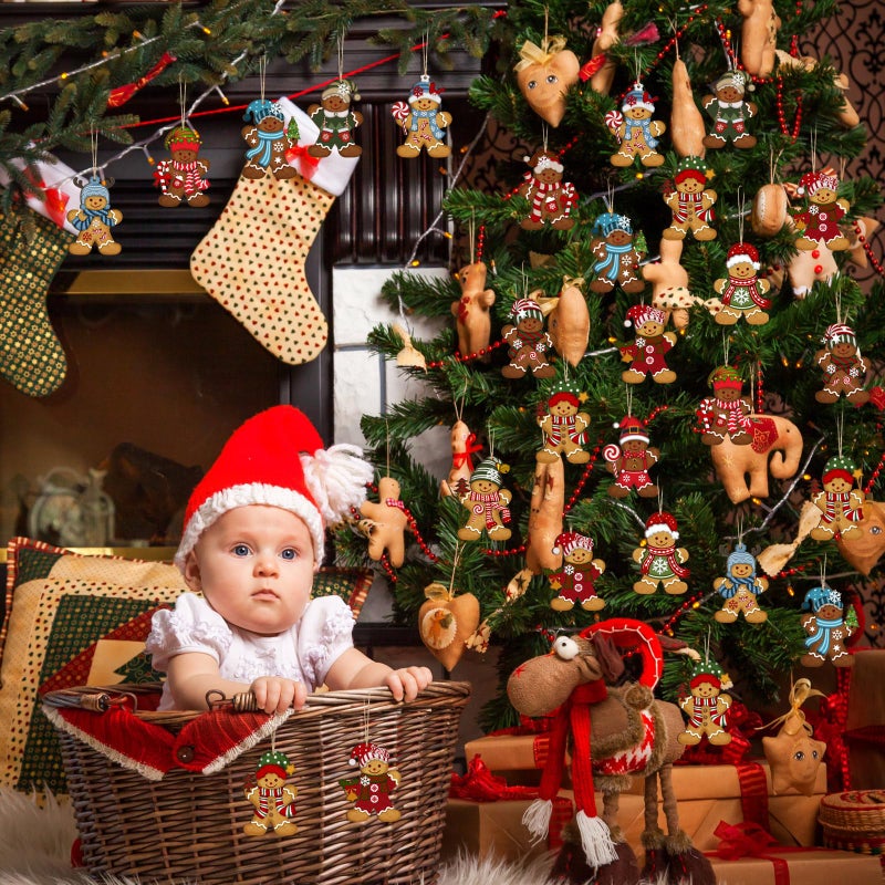 Barydat 36 PCS Christmas Gingerbread Man الحلي الخشبية المعلقة مجموعة عتيقة على الطراز الزنجبيل الزنجبيل رجل الديكور الخشبي - Image 3