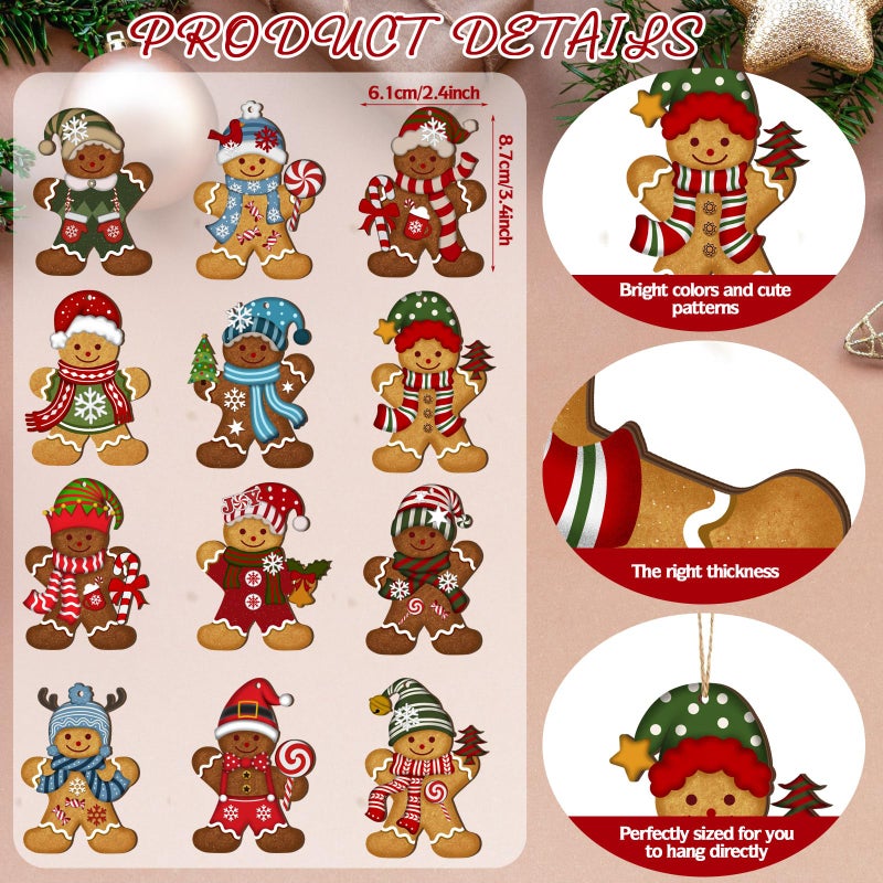 Barydat 36 PCS Christmas Gingerbread Man الحلي الخشبية المعلقة مجموعة عتيقة على الطراز الزنجبيل الزنجبيل رجل الديكور الخشبي - Image 2