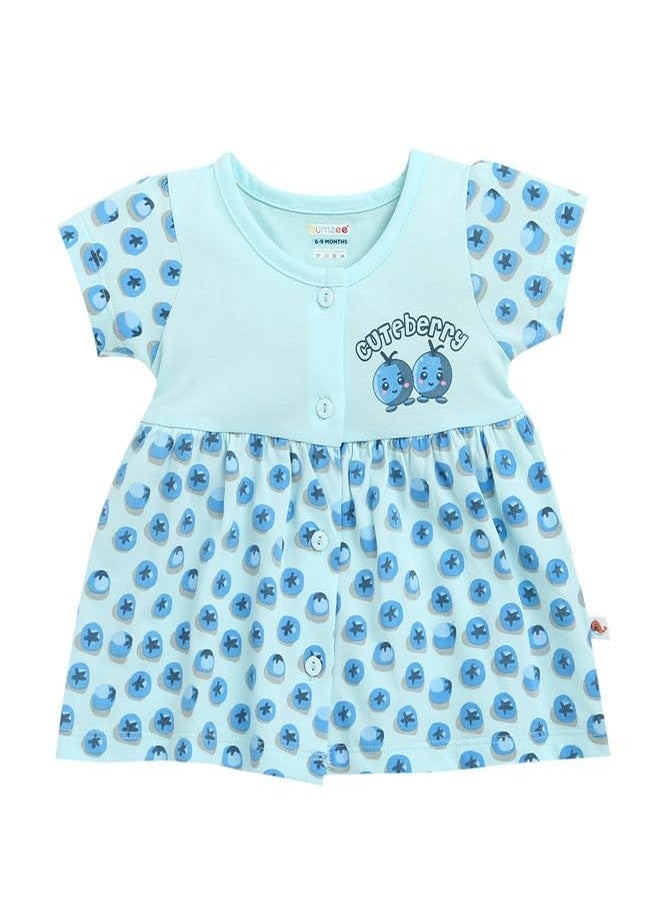 BUMZEE Baby Girls Cotton Cap Sleeves Knee Length Frock Blue - 0-3 Months (Peb10186B-blu) - Image 1