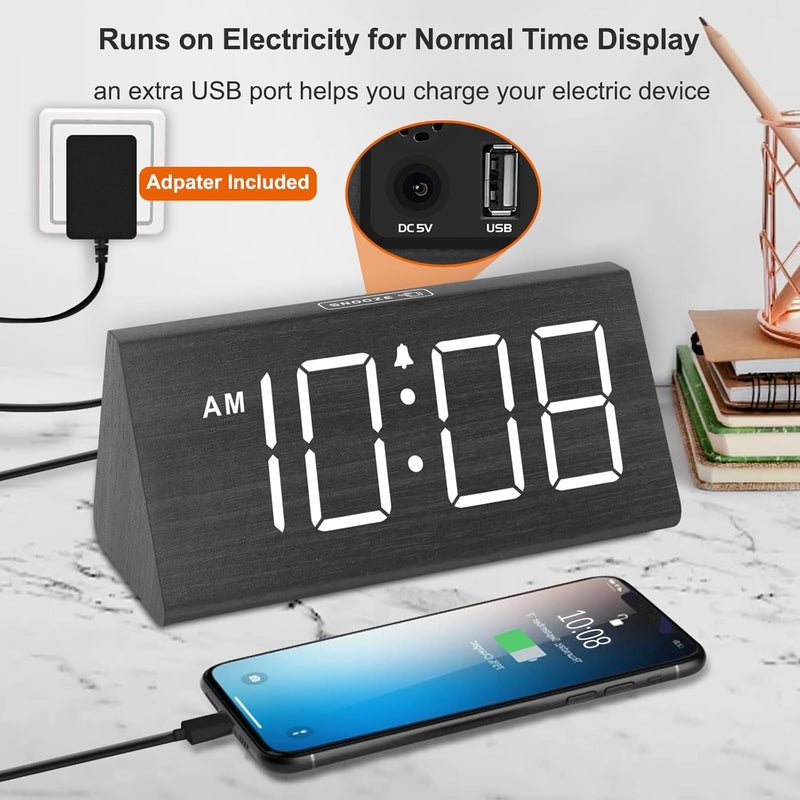 دريم سكاي ساعات منبه رقمية خشبية من لغرف النوم - ساعة مكتب كهربائية بأرقام كبيرة، منفذ USB، صوت إنذار عالي لمن يعانون من النوم العميق، مستوى صوت قابل للتعديل، خاصية التخفيف، دعم لتغيير التوقيت الصيفي والشتوي (DST)، هدايا زخرفية خشبية، تعمل بواسطة محول كهربائي. - Image 5