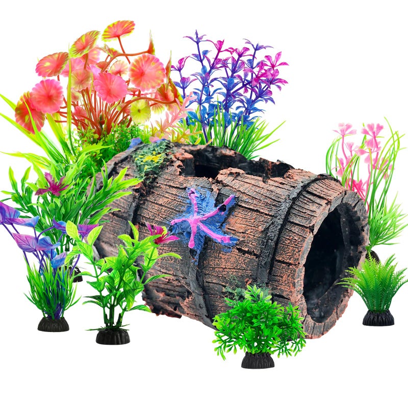 CousDUoBe Fish Broken Barrel Decor Fish Tank Decorations Betta Fish Tank Accessories,Starfish Barrel x 1pc, Aquarium Plants x 8pcs - Image 1