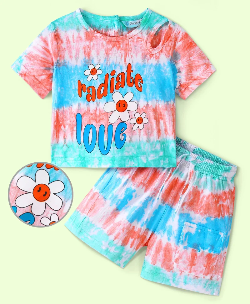 Ollington St. Ollington St. 100% Cotton Tie and Dyed Half Sleeves Top With Chest Print and Shorts/Co-ord Set - Multicolor