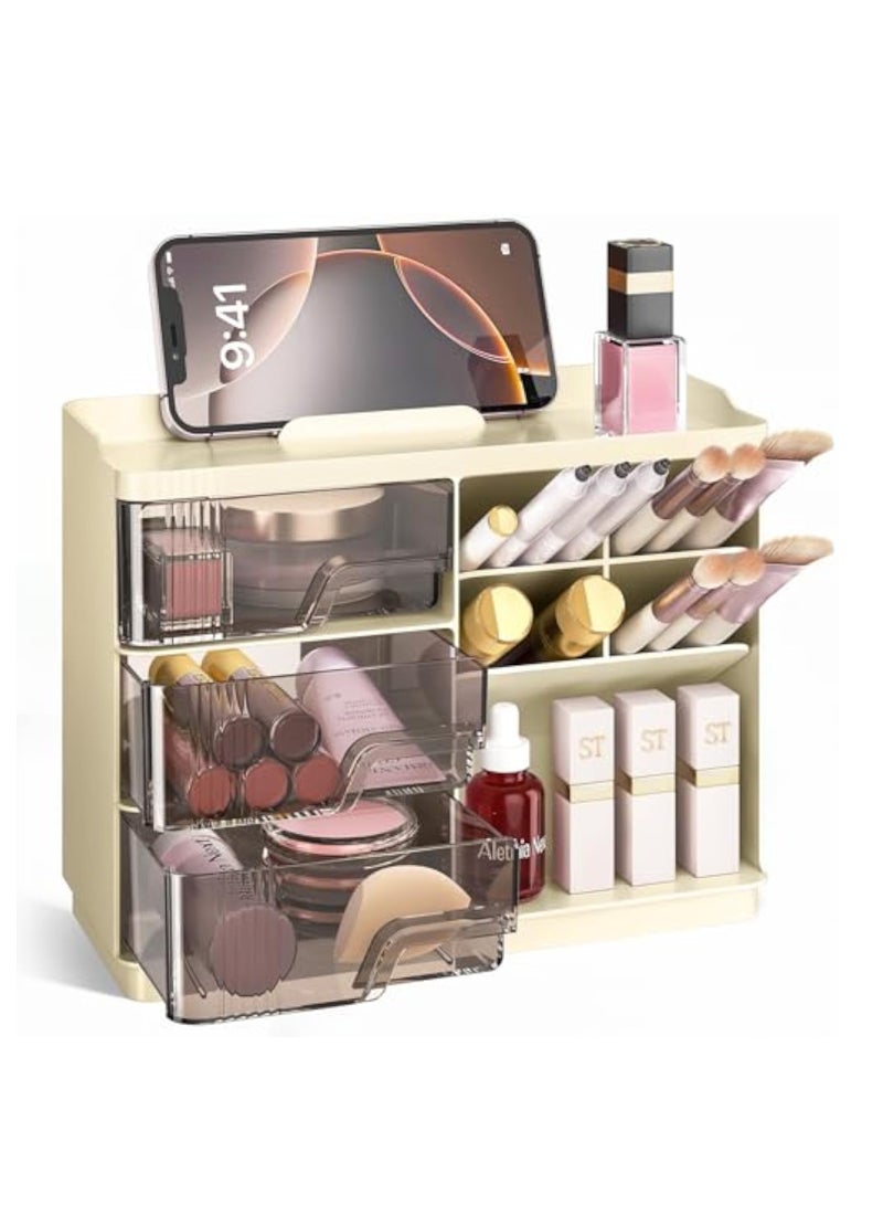 Arabest Makeup Organizer with Drawers, Multi-Function Vanity Organizer Countertop, Stackable Desk Organizer for Makeup Brush Lipstick Skincare Bathroom Vanity Organization and Storage, Ivory - Image 1