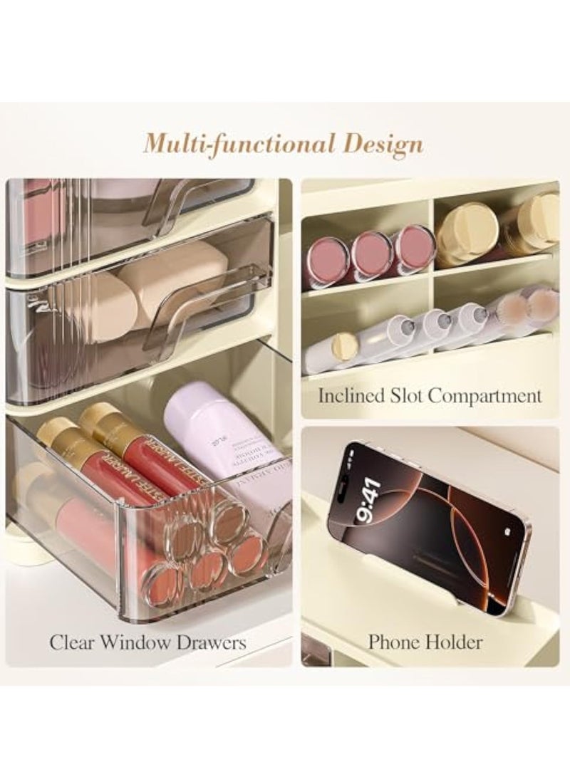 Arabest Makeup Organizer with Drawers, Multi-Function Vanity Organizer Countertop, Stackable Desk Organizer for Makeup Brush Lipstick Skincare Bathroom Vanity Organization and Storage, Ivory - Image 5