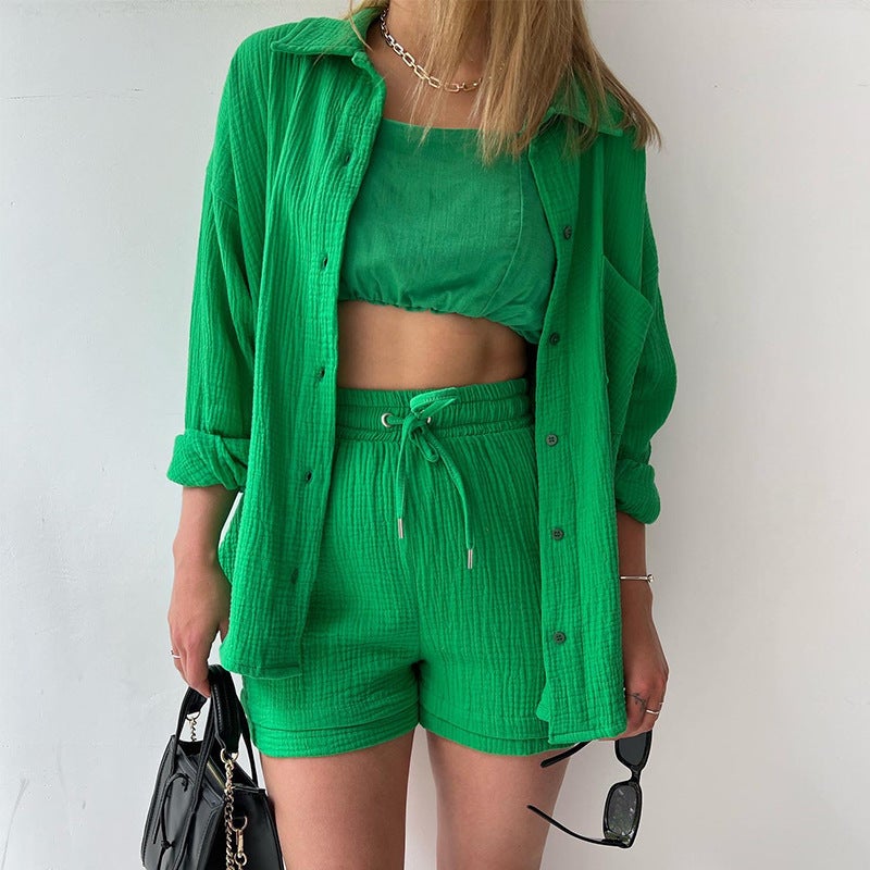 2023 European and American Solid Color Womens Fashion Casual Two-piece Cotton and Linen Lapel Long Sleeve Shirt High Waist Drawstring Shorts Purple - Image 3