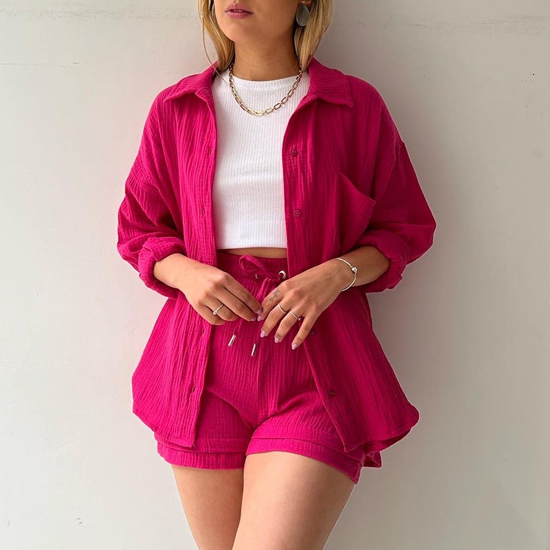 2023 European and American Solid Color Womens Fashion Casual Two-piece Cotton and Linen Lapel Long Sleeve Shirt High Waist Drawstring Shorts Purple - Image 4