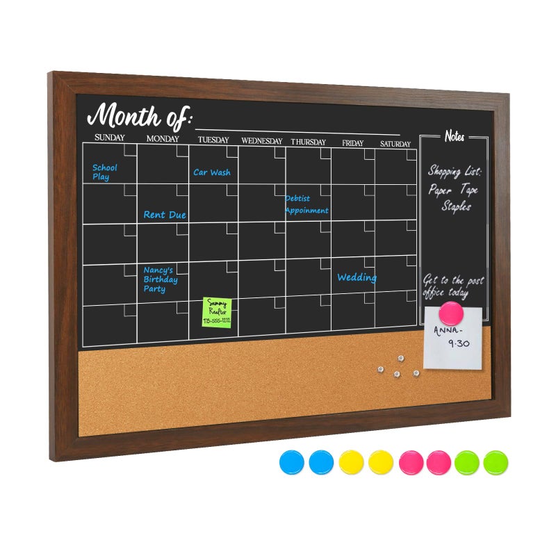 4 THOUGHT Chalkboard Calendar Corkboard Combo, 24" x 36" Large Bulletin Board Magnetic Calendar Chalkboard for Wall Combination Board Monthly Planner Rustic Brown Frame 4 Markers 8 Magnets 10 Pushpins - Image 1