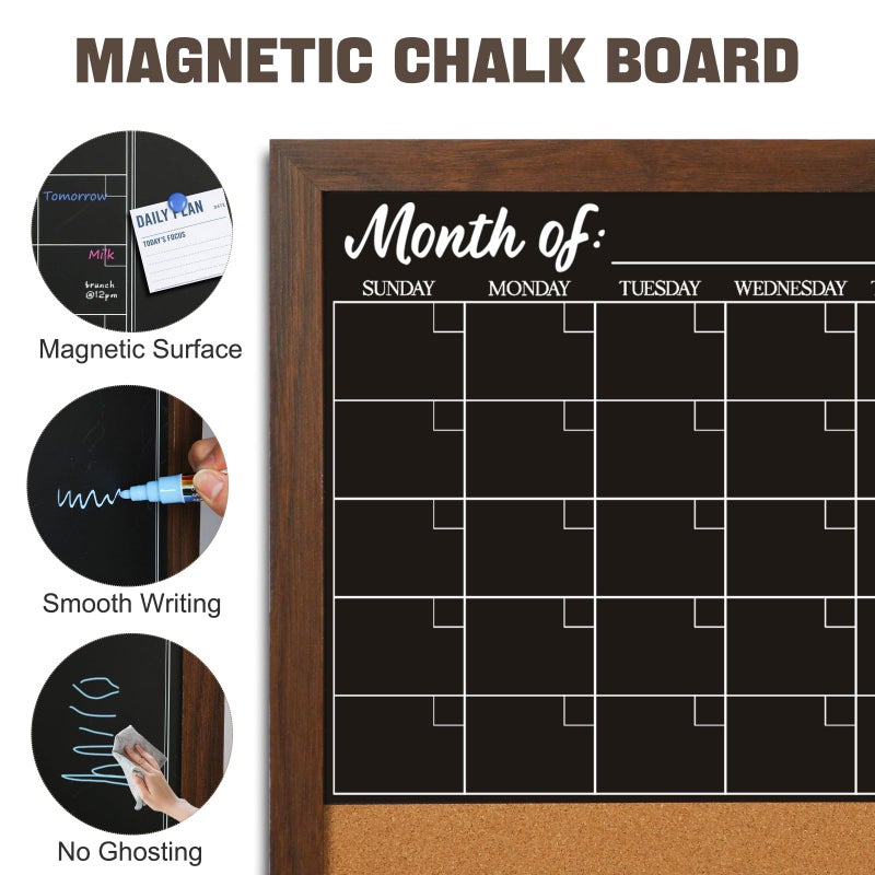 4 THOUGHT Chalkboard Calendar Corkboard Combo, 24" x 36" Large Bulletin Board Magnetic Calendar Chalkboard for Wall Combination Board Monthly Planner Rustic Brown Frame 4 Markers 8 Magnets 10 Pushpins - Image 2