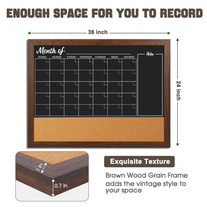 4 THOUGHT Chalkboard Calendar Corkboard Combo, 24" x 36" Large Bulletin Board Magnetic Calendar Chalkboard for Wall Combination Board Monthly Planner Rustic Brown Frame 4 Markers 8 Magnets 10 Pushpins - Image 4