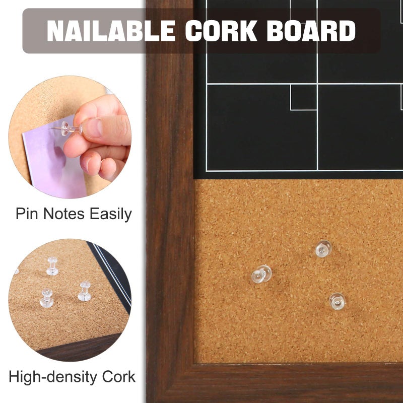 4 THOUGHT Chalkboard Calendar Corkboard Combo, 24" x 36" Large Bulletin Board Magnetic Calendar Chalkboard for Wall Combination Board Monthly Planner Rustic Brown Frame 4 Markers 8 Magnets 10 Pushpins - Image 3