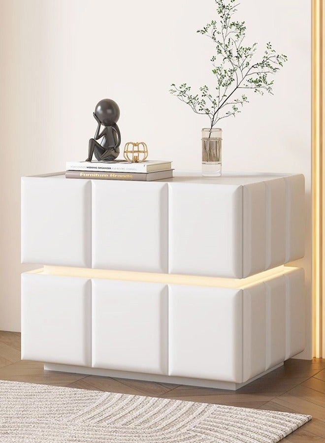 fashionhome Modern Minimalist Design Leather Wrapped Nightstand Durable Solid Wood Bedside Table Double Drawers Storage Side Table with Voice Operated LED Lights for Bedroom Living Room Home Office 50x40x47 cm  - Image 1