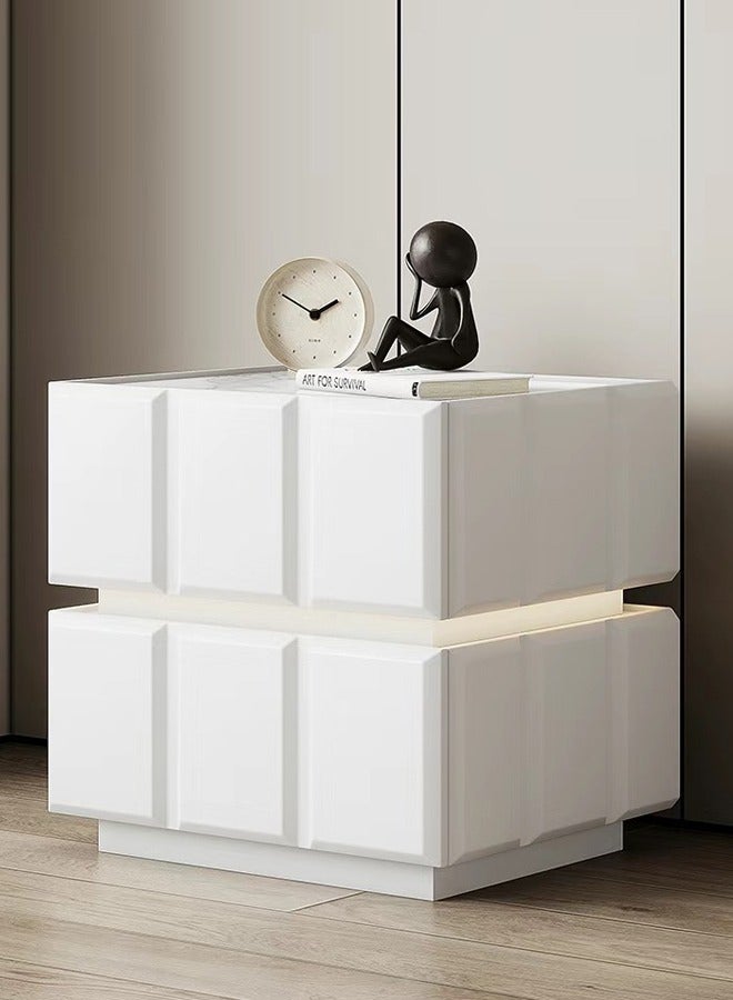 fashionhome Modern Minimalist Design Leather Wrapped Nightstand Durable Solid Wood Bedside Table Double Drawers Storage Side Table with Voice Operated LED Lights for Bedroom Living Room Home Office 50x40x47 cm  - Image 2