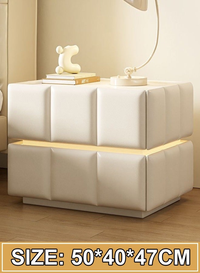 fashionhome Modern Minimalist Design Leather Wrapped Nightstand Durable Solid Wood Bedside Table Double Drawers Storage Side Table with Voice Operated LED Lights for Bedroom Living Room Home Office 50x40x47 cm  - Image 5