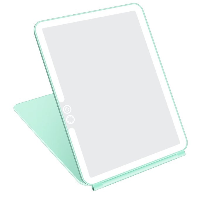 FOLDING TRAVEL MIRROR LIGHTED MAKEUP MIRROR WITH 72 LEDS 3 COLORS LIGHT MODES USB RECHARGABLE PORTABLE ULTRA THIN COMPACTVANITY MIRROR WITH TOUCH SCREEN DIMMING FOR COSMETIC GREEN