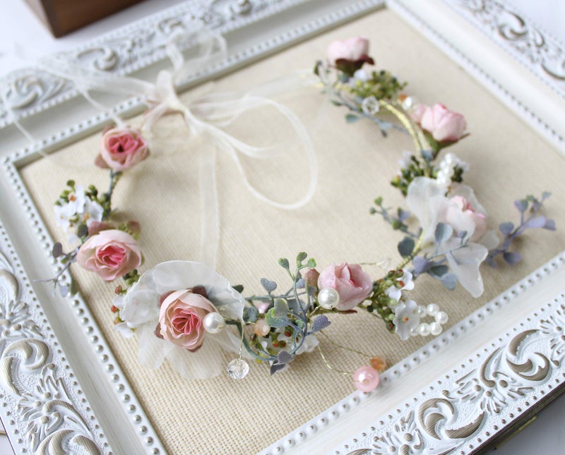 LLinfflr Pearl Flower Crown Floral Garland Headband Flower Halo Headpiece Hair Wreath Boho Photos Wedding Pink - Image 5