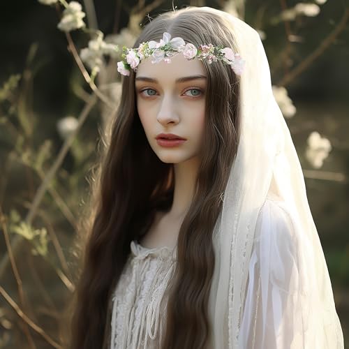 LLinfflr Pearl Flower Crown Floral Garland Headband Flower Halo Headpiece Hair Wreath Boho Photos Wedding Pink - Image 4
