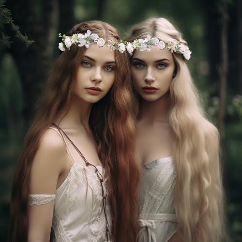 LLinfflr Pearl Flower Crown Floral Garland Headband Flower Halo Headpiece Hair Wreath Boho Photos Wedding Pink - Image 2