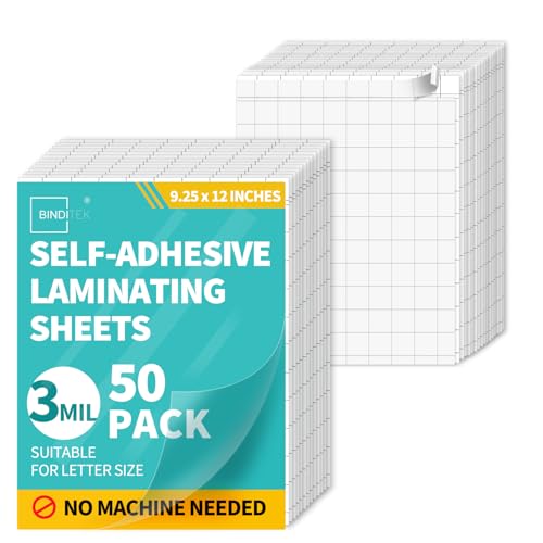 Binditek 50 Pack Self-Adhesive Laminating Sheets, 9.25 x 12 Inches, Grid-Backed for Easy Cutting, Letter Size, 3 Mil Thick, No Heat or Machine Needed, Clear Glossy Finish for School & Office - Image 1