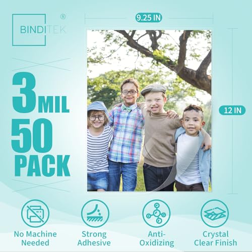 Binditek 50 Pack Self-Adhesive Laminating Sheets, 9.25 x 12 Inches, Grid-Backed for Easy Cutting, Letter Size, 3 Mil Thick, No Heat or Machine Needed, Clear Glossy Finish for School & Office - Image 2