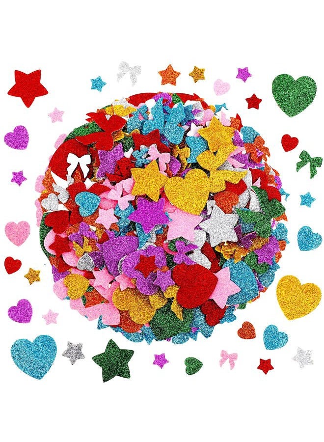 WSICSE 360 Pieces Glitter Foam Stickers, Self Adhesive Stars Heart Bow-Knot Shapes Colorful Sticker Arts Craft Supplies for Greeting Cards Home Decoration - Image 1