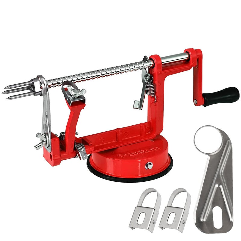 Pautou Apple Peeler, Slicer Corer Potato Peelers 3 In 1, Stainless Steel Heavy Duty with Suction Cup Base And 3 Extra Blades (Red) - Image 1