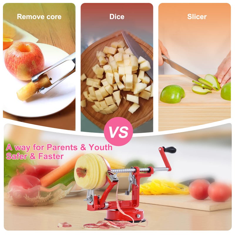 Pautou Apple Peeler, Slicer Corer Potato Peelers 3 In 1, Stainless Steel Heavy Duty with Suction Cup Base And 3 Extra Blades (Red) - Image 4