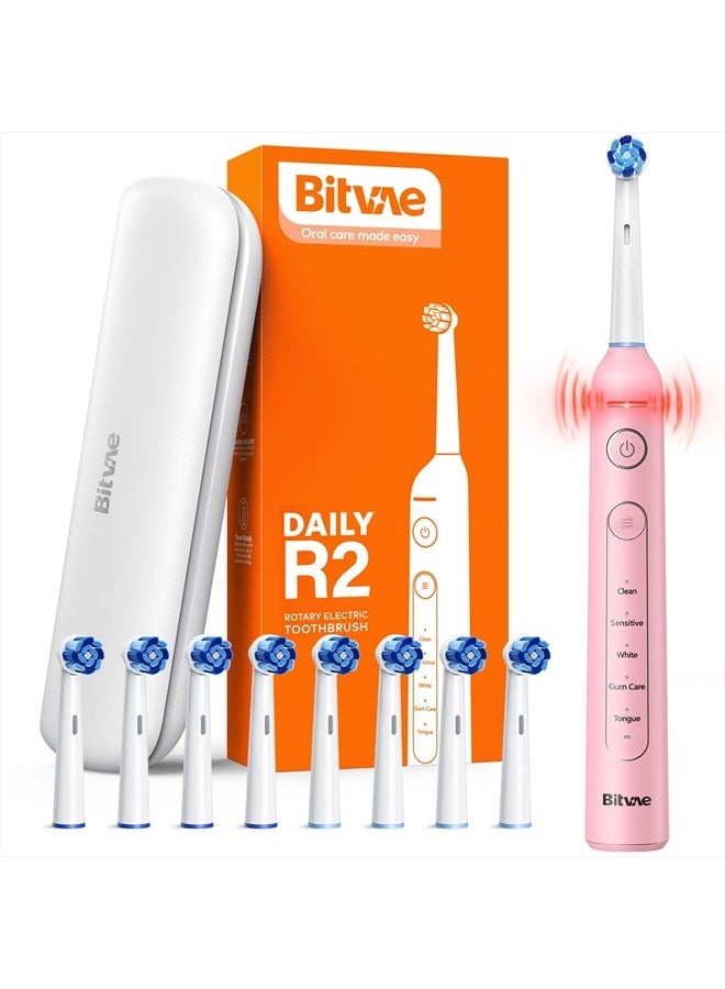 Bitvae R2 Rotating Electric Toothbrush for Adults with 8 Brush Heads, 5 Modes Rechargeable Power Toothbrush with Pressure Sensor, Pink - Image 1