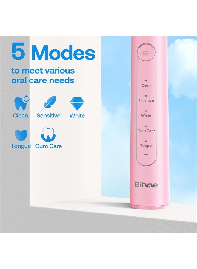 Bitvae R2 Rotating Electric Toothbrush for Adults with 8 Brush Heads, 5 Modes Rechargeable Power Toothbrush with Pressure Sensor, Pink - Image 5