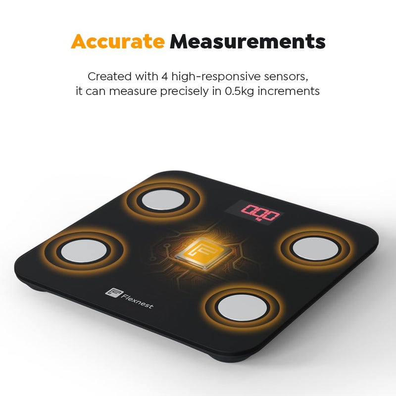 Flexnest Flexscale Smart BMI Weight Machine for Body Weight with 13+ Body Parameters Sync with Mobile App, Body fat Analyzer Machine with 1 Yr Warranty Bluetooth Weighing Machine - Black - Image 2