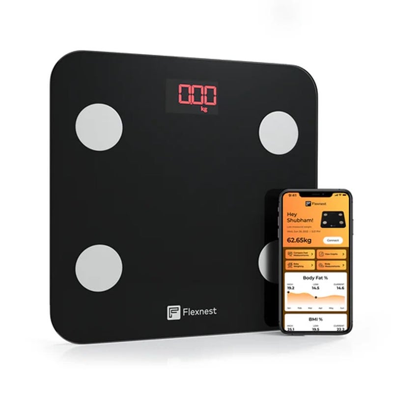 Flexnest Flexscale Smart BMI Weight Machine for Body Weight with 13+ Body Parameters Sync with Mobile App, Body fat Analyzer Machine with 1 Yr Warranty Bluetooth Weighing Machine - Black - Image 1