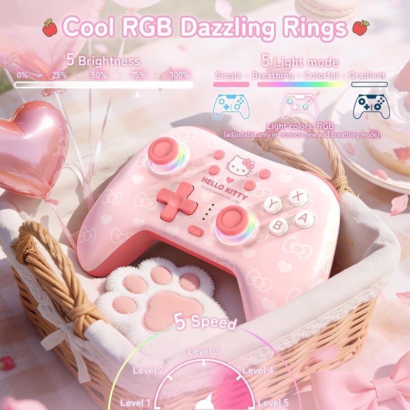 Kuitmor Hello Kitty Switch Pro Controller, Cute Hall Effect Wireless Gamepad No Drift for Switch 2/Switch/OLED/Lite, PC/Steam, Android, iOS, Bluetooth + Wired, Turbo, Back Buttons, 6-Aixs Gyro, Wake-up, RGB (Pink, With 2.4g Receiver) - Image 4