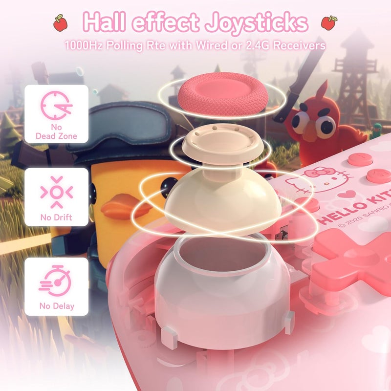 Kuitmor Hello Kitty Switch Pro Controller, Cute Hall Effect Wireless Gamepad No Drift for Switch 2/Switch/OLED/Lite, PC/Steam, Android, iOS, Bluetooth + Wired, Turbo, Back Buttons, 6-Aixs Gyro, Wake-up, RGB (Pink, With 2.4g Receiver) - Image 5