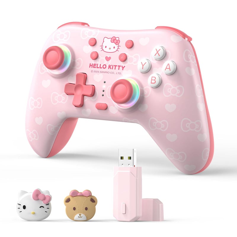 Kuitmor Hello Kitty Switch Pro Controller, Cute Hall Effect Wireless Gamepad No Drift for Switch 2/Switch/OLED/Lite, PC/Steam, Android, iOS, Bluetooth + Wired, Turbo, Back Buttons, 6-Aixs Gyro, Wake-up, RGB (Pink, With 2.4g Receiver) - Image 1