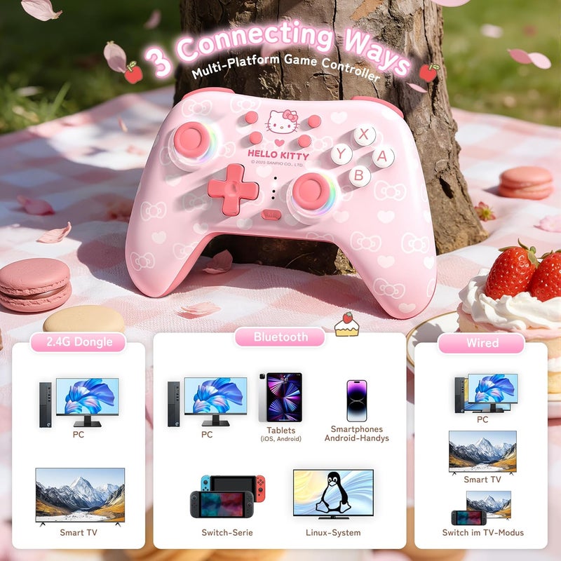 Kuitmor Hello Kitty Switch Pro Controller, Cute Hall Effect Wireless Gamepad No Drift for Switch 2/Switch/OLED/Lite, PC/Steam, Android, iOS, Bluetooth + Wired, Turbo, Back Buttons, 6-Aixs Gyro, Wake-up, RGB (Pink, With 2.4g Receiver) - Image 2