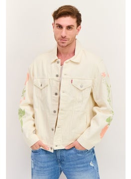Men Graphic Detail Denim Jacket, Cream