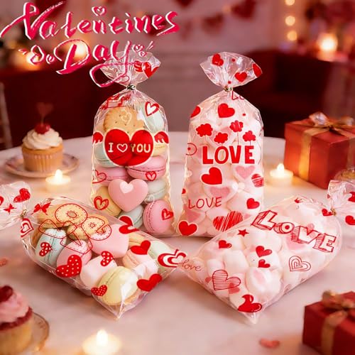 ONFAON Valentines Goodie Bags, 180pcs Valentines Candy Bags with 200pcs Twists for Snacks Cookies Candy Packing, Cellophane Treat Bags for Classroom Parties, Kids, Coworkers - Image 5
