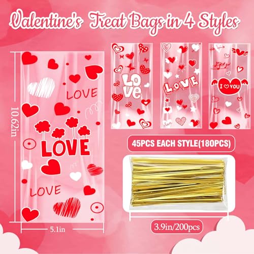 ONFAON Valentines Goodie Bags, 180pcs Valentines Candy Bags with 200pcs Twists for Snacks Cookies Candy Packing, Cellophane Treat Bags for Classroom Parties, Kids, Coworkers - Image 4
