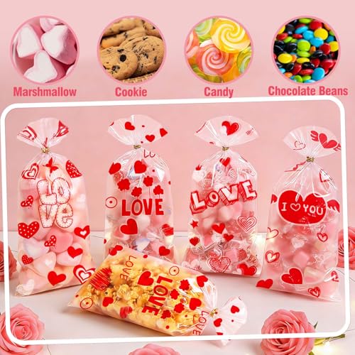 ONFAON Valentines Goodie Bags, 180pcs Valentines Candy Bags with 200pcs Twists for Snacks Cookies Candy Packing, Cellophane Treat Bags for Classroom Parties, Kids, Coworkers - Image 2